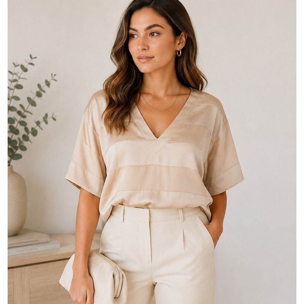 Beige Satin Finish V Neck Blouse Saunders Collective Madison Oversized Top 10